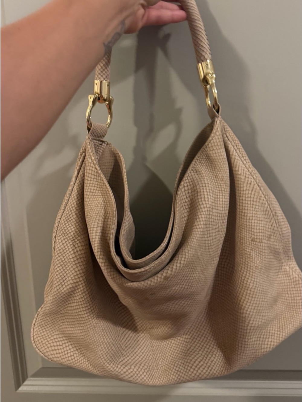 Talbots Beige Textured Hobo Bag with Gold Hardware - Women's Shoulder Bag